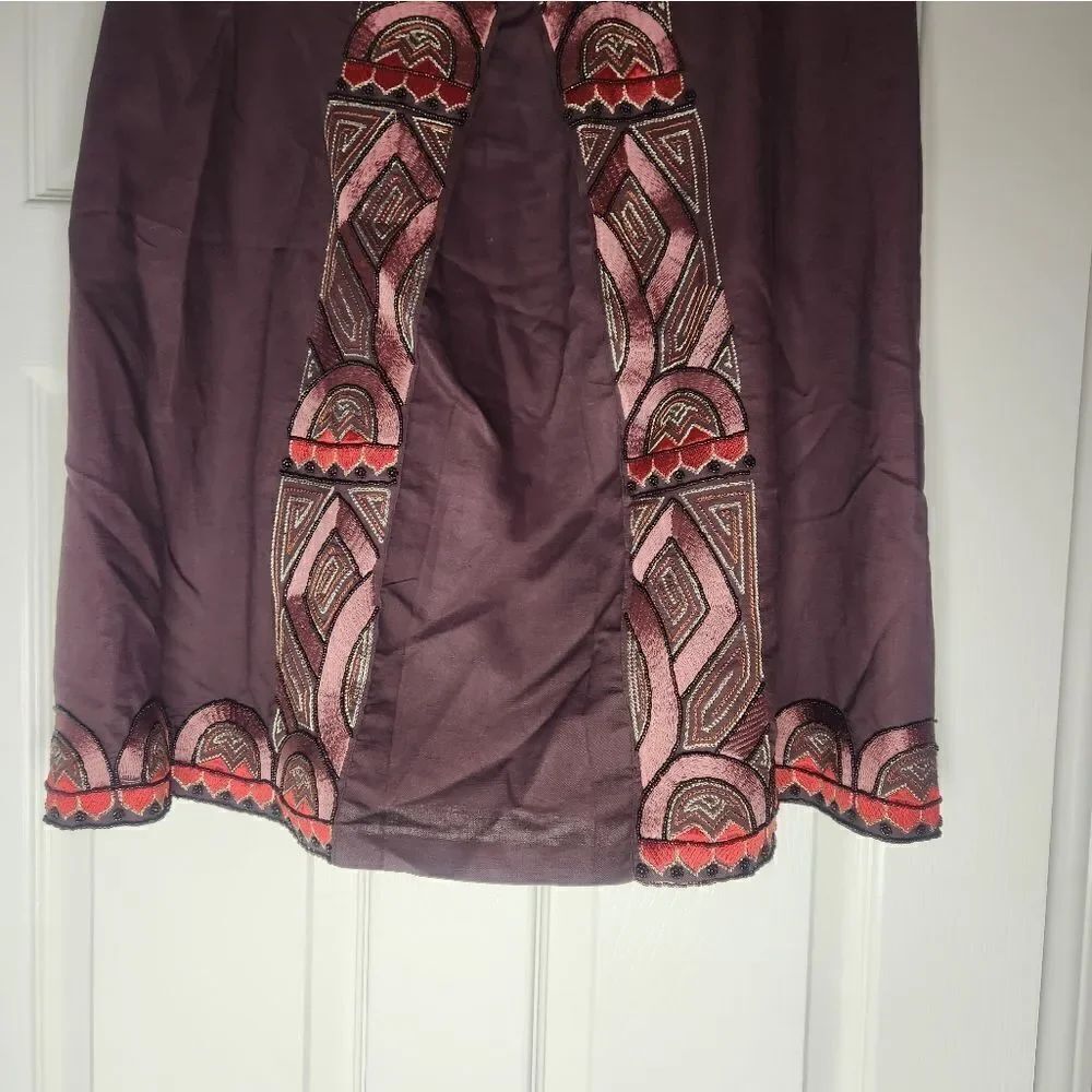 Bloomingdale's 14 Brown  Linen Cotton Beaded Embroidered Women’s Midi Skirt